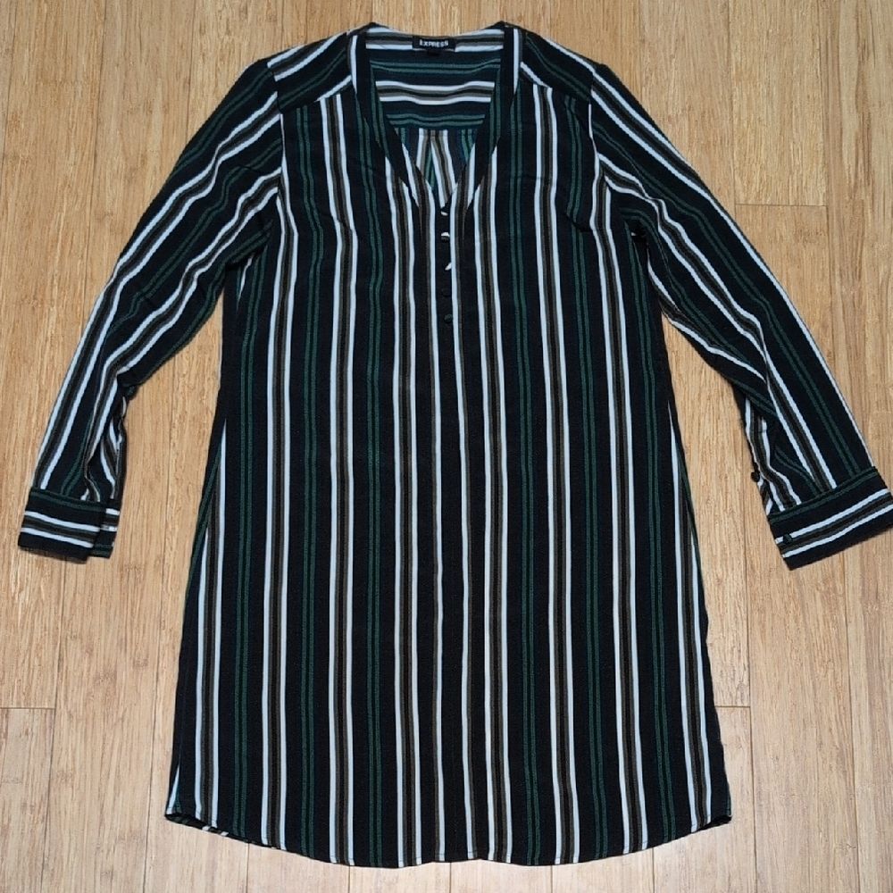 Express Black, Green & Tan Striped Shirt Dress Size S - Picture 5 of 7